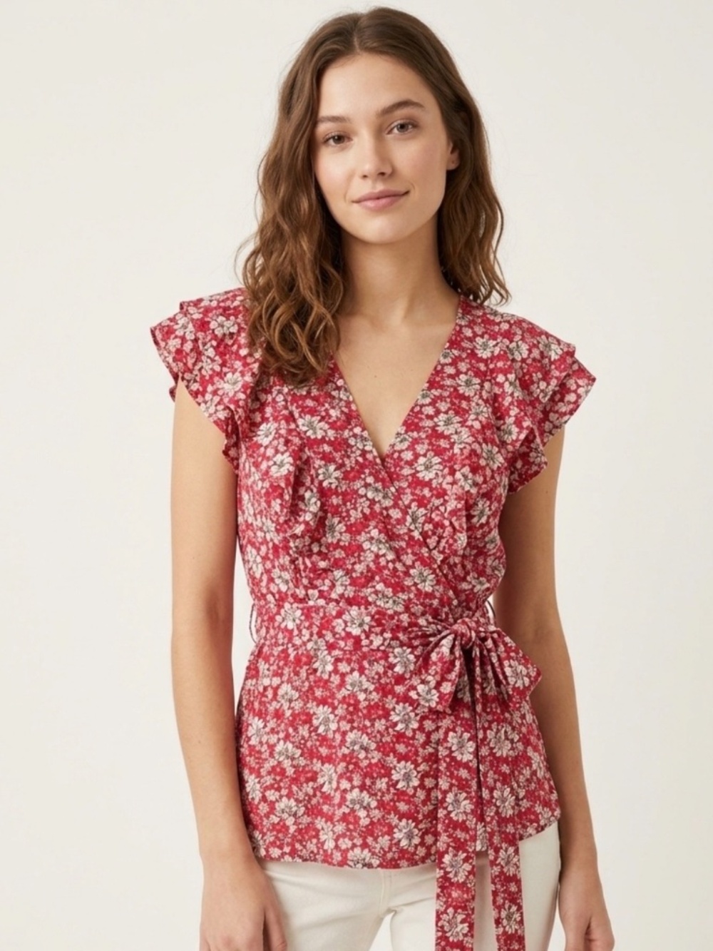 Max Studio Red Ditsy Floral Tie Waist Cottagecore Feminine Chic Boho Romantic S